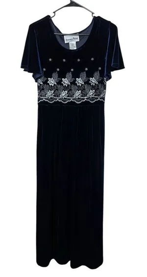 Vintage Another‎ Thyme Blue Velvet Maxi Dress Embroidered Flowers Size 10 thumbnail 1