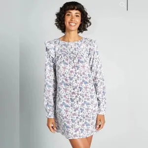 Modcloth Floral Prairie Doll Mini Dress Ruffle Shoulder Purple Blue M NWT thumbnail 2