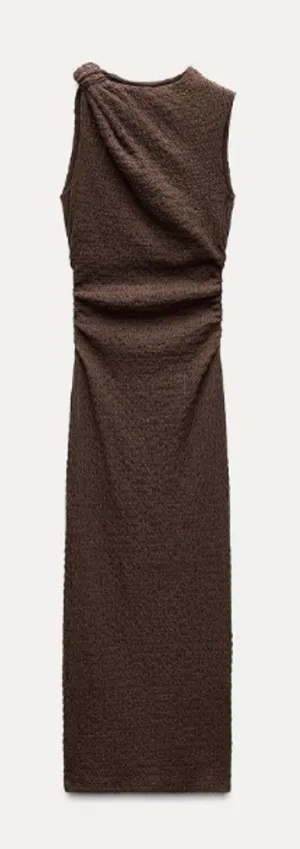Zara Expresso Brown Textured Knot Ruched Side Maxi Dress LARGE Modest‎ Preppy thumbnail 1