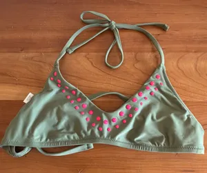 Aerie Real Good‎ Olive Green Pink Studded Scoop Neck Bikini Top Halter UPF 50 M thumbnail 1