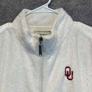 OU Jacket Women's Large White Full‎ Zip Oklahoma University Logo Faux Fur Soft thumbnail 2