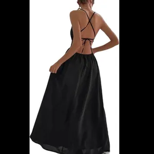 Elegant satin Navy backless Maxi Dress with 10 way back tie options thumbnail 4