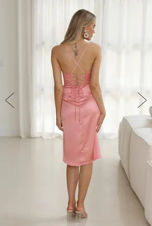 Hello Molly My Fierce Heart Satin Pink Midi Dress Size Small thumbnail 2
