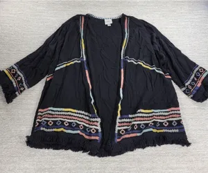 Knox Rose Black Embroidered Fringe Kimono Cardigan Size L Boho Festival thumbnail 1