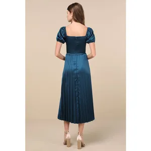 NWT Lulus Flawless Forever Teal Satin Pleated Midi Dress Bridesmaid Gala Size M thumbnail 3