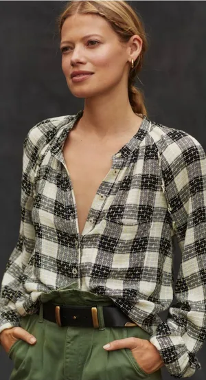 Anthropologie Pilcro Breezy Plaid Buttondown Top XS Check Textured Grunge Emo thumbnail 1