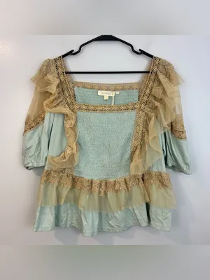 NWT Forever That Girl Blue/Tan Ruffle Lace Peplum Fairy Top Large Anthropologie thumbnail 16