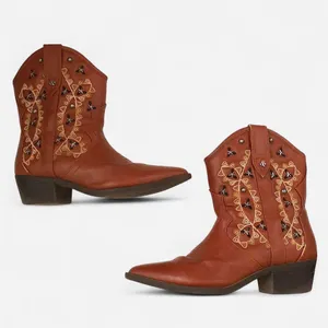 Brown western cowboy cowgirl ankle Chelsea pointy toe boots faux leather western concert festival indie boho country chic grunge vibe silver tone stud Size US 6 thumbnail 1