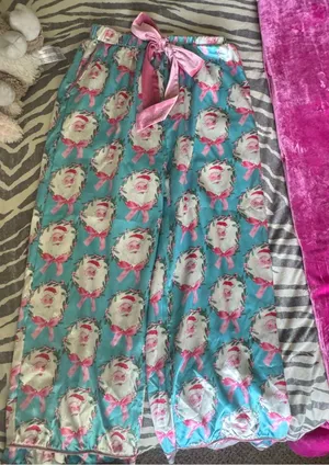 Turquoise Satin Wide-Leg Pajama Pants with Pink Bow & Santa Print thumbnail 1