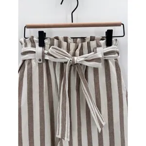 Women's Striped Cotton Paperbag Waist Blend Pants Medium Neutral Minimalist‎ thumbnail 3