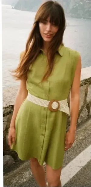 Zara Khaki Midi Dress with Woven Belt thumbnail 1