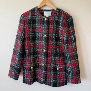 Lord & Taylor Wool Mohair Boucle Plaid Jacket 8 Red Green Gold Blazer Holiday‎ thumbnail 1