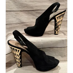 Vince Camuto black suede peep toe shoes Gold Metal Cut Out Heel Size 10 thumbnail 3
