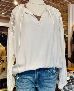 Boho White Lace Sleeve Peasant Blouse – Women’s XL Flowy Romantic Top thumbnail 1