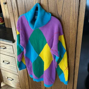 Vintage Aziza Argyle Lambswool Angora Sweater‎ Turtleneck Oversized thumbnail 2