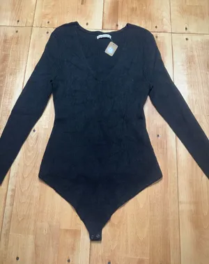 Abercrombie Fitch Black Ribbed Long Sleeve Plunging V‎ Neck Bodysuit XXL thumbnail 1