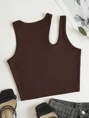 Sheila Fajl ✨ SHEIN Women’s Brown Ribbed Cutout Crop Tank Top – Size Small 🤎 thumbnail 5