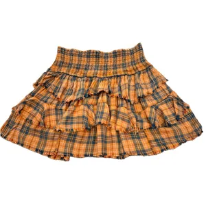 Free People Plaid Ruffle Mini Skirt Size Orange Blue High Waist Boho L thumbnail 3