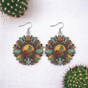 Sunflower shaped pendant drop‎ leopard pattern wooden hook earrings thumbnail 6
