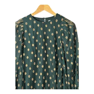 Calvin Klein Shift Dress Women 4 Green Gold Metallic Dot Long‎ Sleeve Tie Cuff thumbnail 5