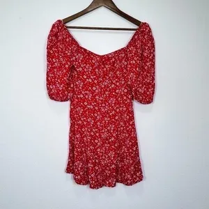 Reformation Red Puff Sleeve Mini Dress Bustier‎ Ditsy Floral Milkmaid Party Date thumbnail 5