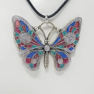 Butterfly Pendant w/ Pink, Blue, Teal Green & Silvery White Resin Necklace thumbnail 2
