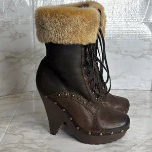 Sam Edelman Winsford Brown Leather Lace‎ Up Clogs Fur Booties Size 6.5M festival thumbnail 6
