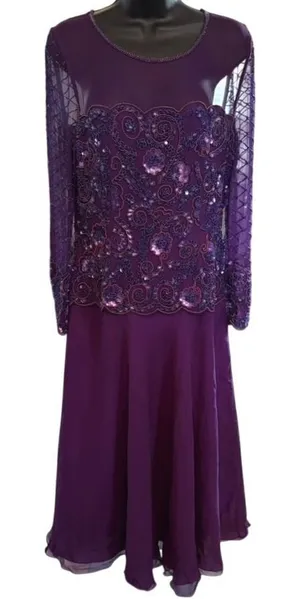 Vtg Adrianna Papell 100% Silk Beaded‎ Maxi Dress Sz 6 Purple Drop Waist Sheer thumbnail 1