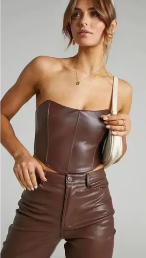 Showpo Lorrin Faux Leather Crop Corset Top Chocolate Brown Womens Size US 6 thumbnail 1