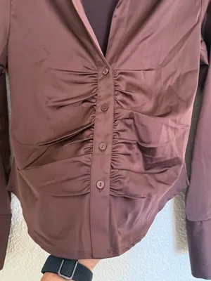 Abercrombie & Fitch Chocolate Brown Ruched Satin ButtonDown Shirt size Small New thumbnail 5