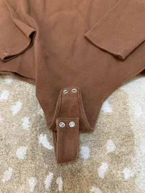 nuuds Long Sleeve Ribbed Crewneck Bodysuit L Brown Cotton Thong Snap thumbnail 4