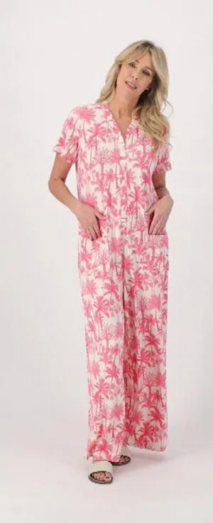 Bumblebella Dreamy Jersey Essential Wide Leg Jumpsuit Pink Palm Print Lounge XL thumbnail 1