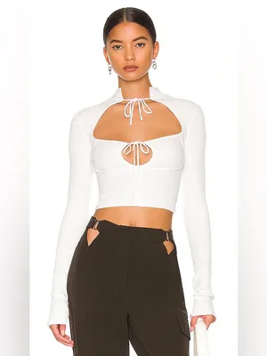 GUIZIO Thermal Knit Tie Top White Long Sleeve Crop Womens Medium Cotton EUC thumbnail 2