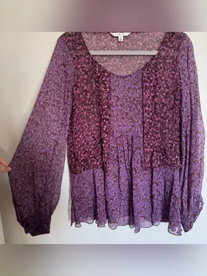 Cabi Silk Sonnet Blouse Purple Mangenta Long Sleeve Sheer Floral Boho Size S thumbnail 2