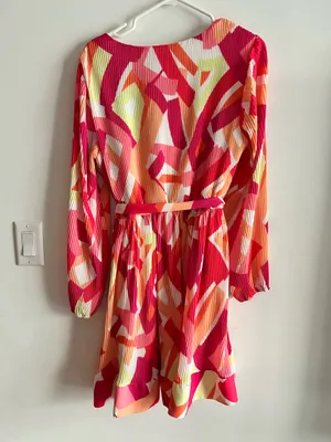 Nicole Miller NY Pleated Mini Dress Size L Multicolor Abstract V-Neck thumbnail 7