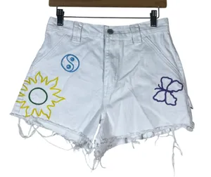 PacSun Carpenter Embroidered Graphic Raw Hem Denim Shorts White Indie Size 28 thumbnail 1