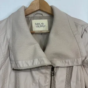 Thread‎ & Supply Moto Jacket Womens M Cream Faux Leather Ribbed Knit Biker thumbnail 2