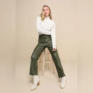 NWT Lulus Effortless Edge Vegan Leather Straight Leg Pants in Olive Green Size M thumbnail 13