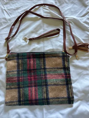 Plaid Wool Crossbody or Wristlet Bag with Brown Leather Tassel Zipper Pull thumbnail 1