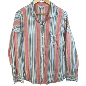 American‎ Eagle Womens Pink Stripe Viscose Linen Blend Lightweight Button Down M thumbnail 1