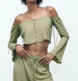 Zara Flowy Tank Top Tie Shoulders Spaghetti Straps Long Sleeve Green Sz M thumbnail 1