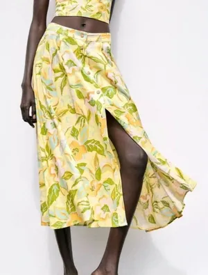 Zara Floral Printed Linen Blend High Waist Maxi Button Skirt Yellow XS thumbnail 1