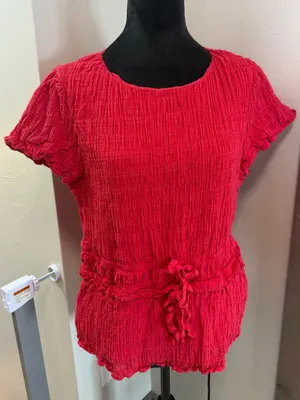Bohme Anya Textured Short Sleeve Blouse Top Red‎ Cotton Scoop Neck Tie Detail thumbnail 1