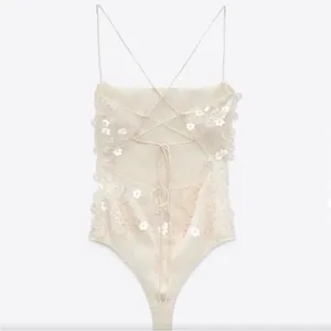 Zara‎ Cream Floral Sequined Bodysuit Size M NWT thumbnail 5