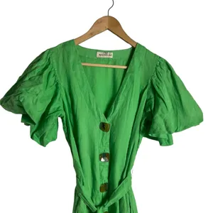 Nicholas Troy Green Linen Button Front Tie Waist Short Sleeve Dress Size 4 thumbnail 4