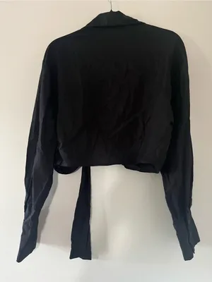 NWT Zara Black Linen Blend Cropped Long Sleeve Wrap Shirt XL Tie Front Coastal thumbnail 7