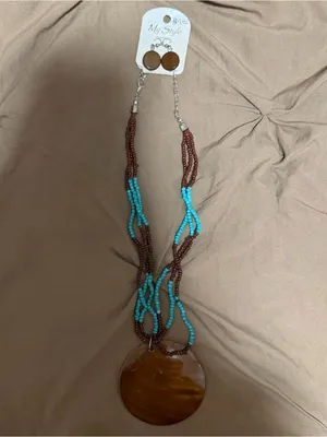 2000s vintage style whimsical bohemian brown & teal bedead necklace w earrings thumbnail 6