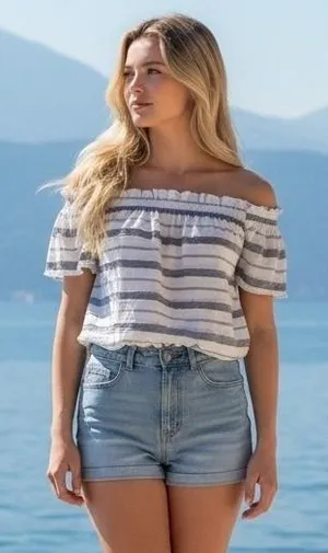 Juicy Couture Striped Off Shoulder Top Blue White‎ Fringe Cotton Blouse Small thumbnail 1