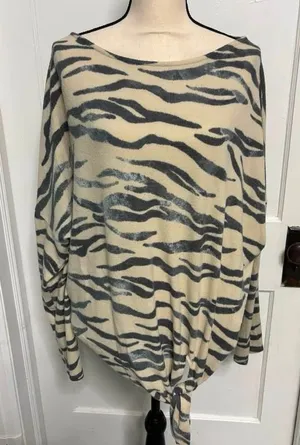 Off-the-Shoulder Zebra Tie-Hem Sweater - Cream and Gray thumbnail 1
