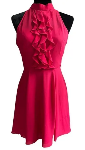 BCBGeneration Rouge Red Pink Ruffle Sleeveless Open Back Chiffon Halter Dress 4 thumbnail 1